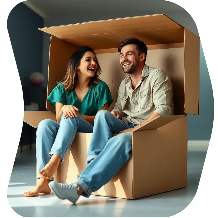 Two guys sitting on the floor of their apartment with Muval moving boxes